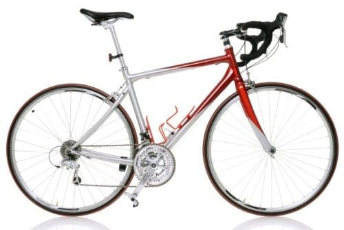 side facing red and silver road bike