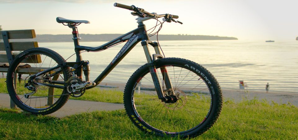 a bicycle on the grass near the sea