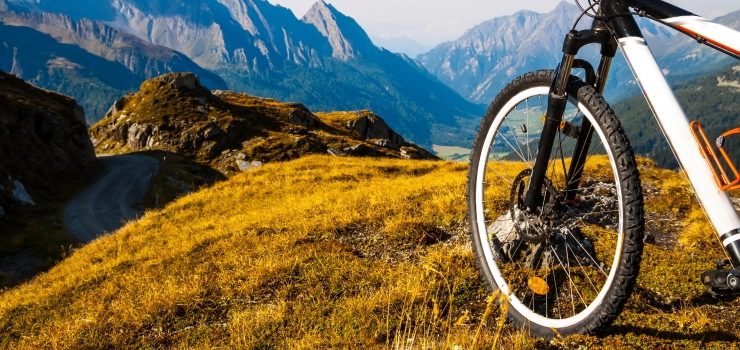 Mountain bike wheel and sommer alpine landscape